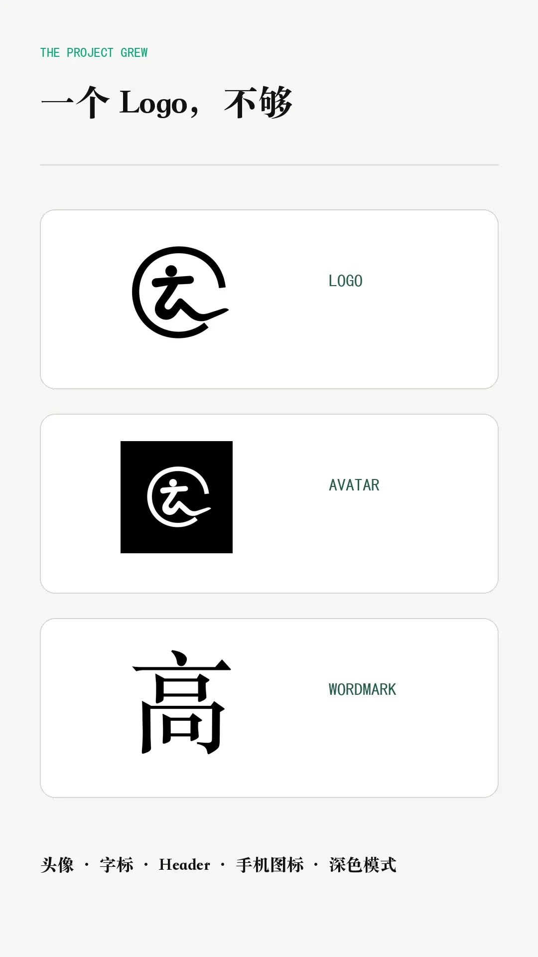 高源外从一个 Logo 扩展到头像、字标、网站 Header、手机图标和深色模式