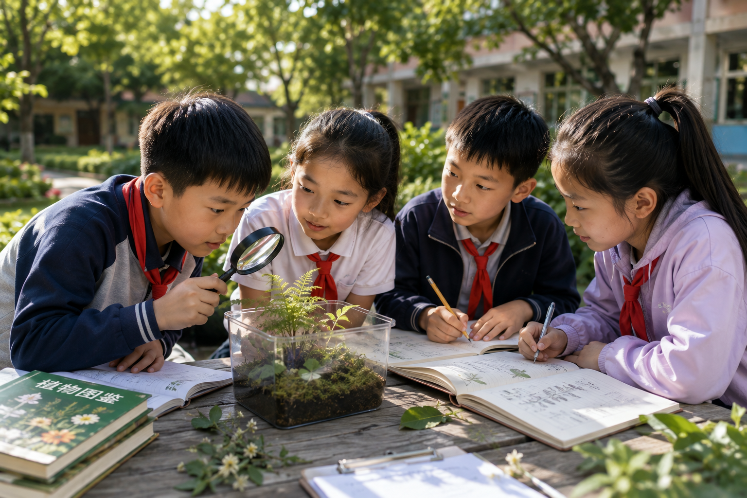 小学生在校园里用放大镜观察植物并记录科学探究过程