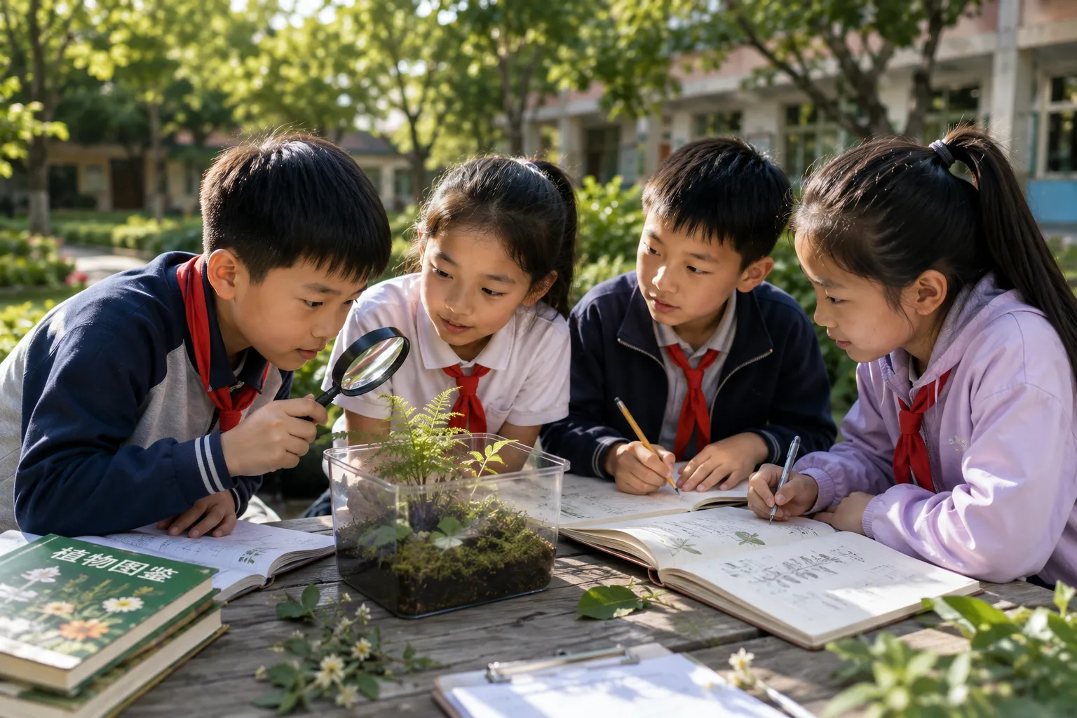 小学生在校园里用放大镜观察植物并记录科学探究过程