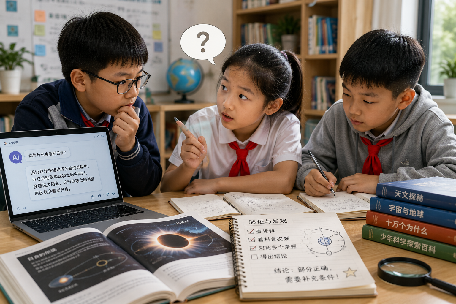 小学生围绕人工智能给出的答案展开讨论并查阅资料进行验证
