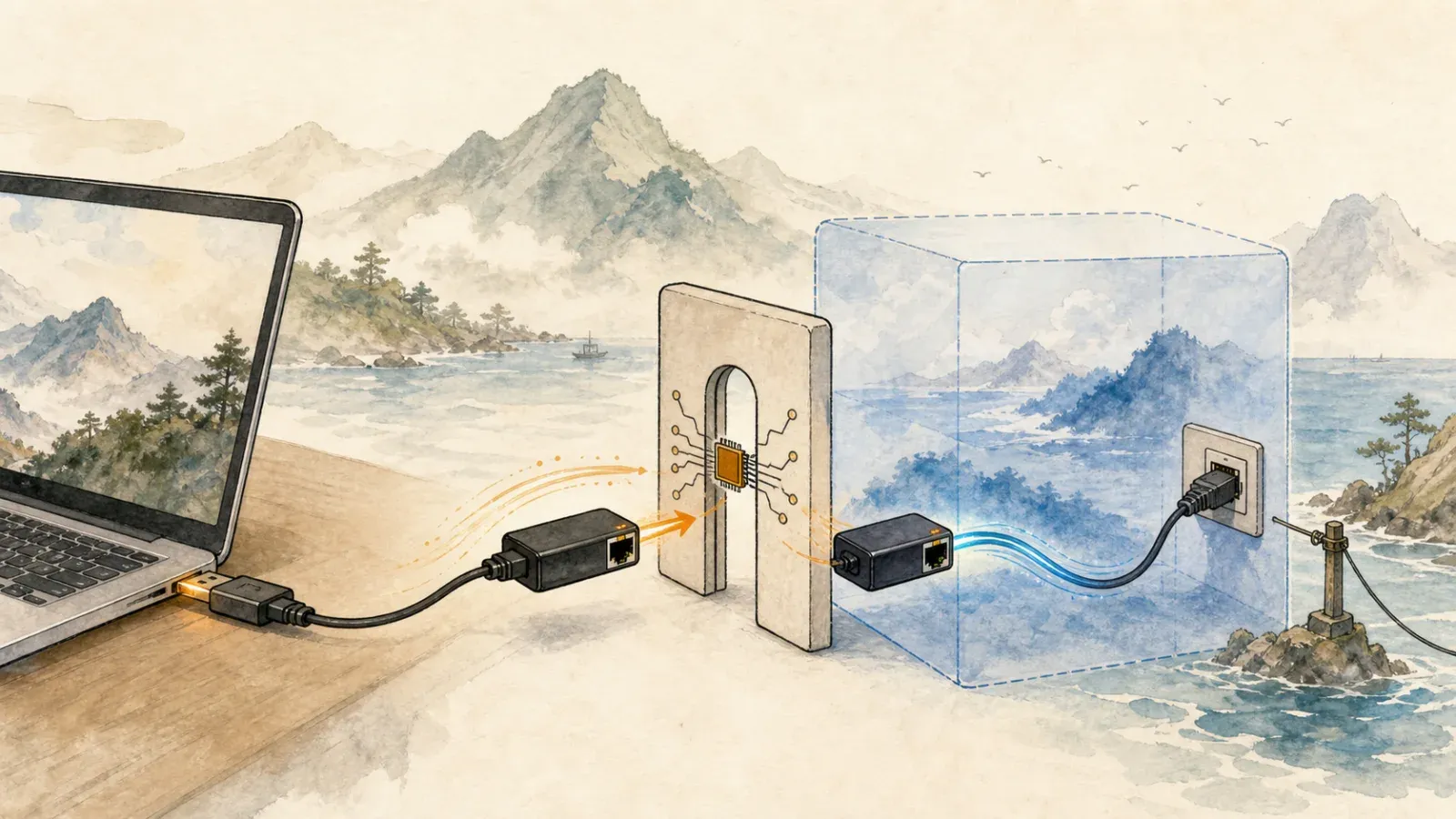 USB 网卡从宿主机经过控制器关口交给透明虚拟机并建立稳定网络的山海风格示意图