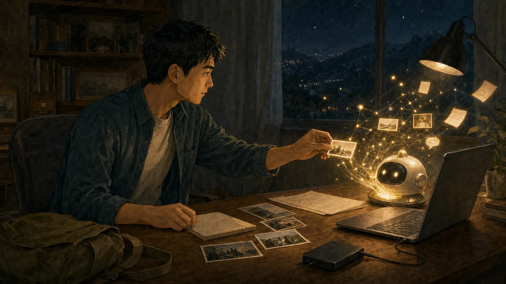 深夜书桌前，一名男子把照片交给安静的小乐，零散的记忆化作微光汇聚起来